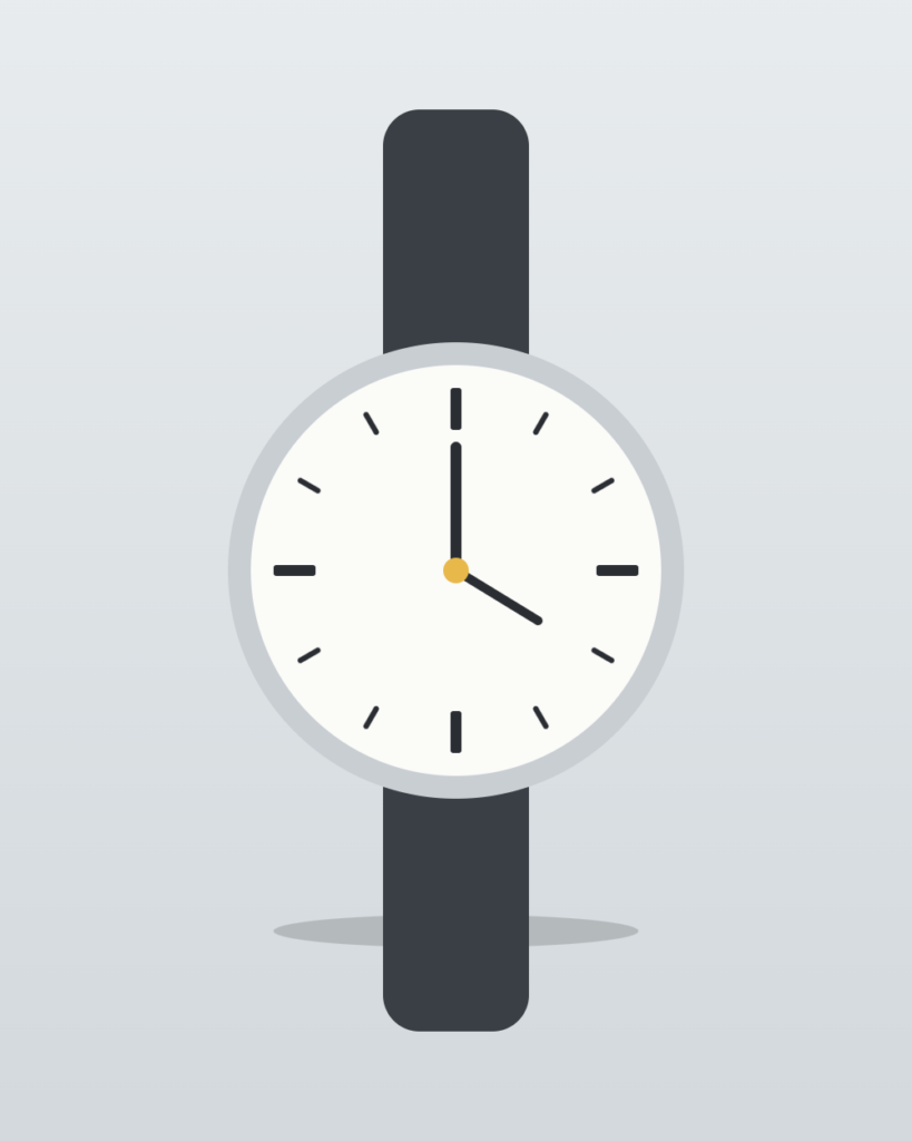 Illustration of a watch with a white face and black strap